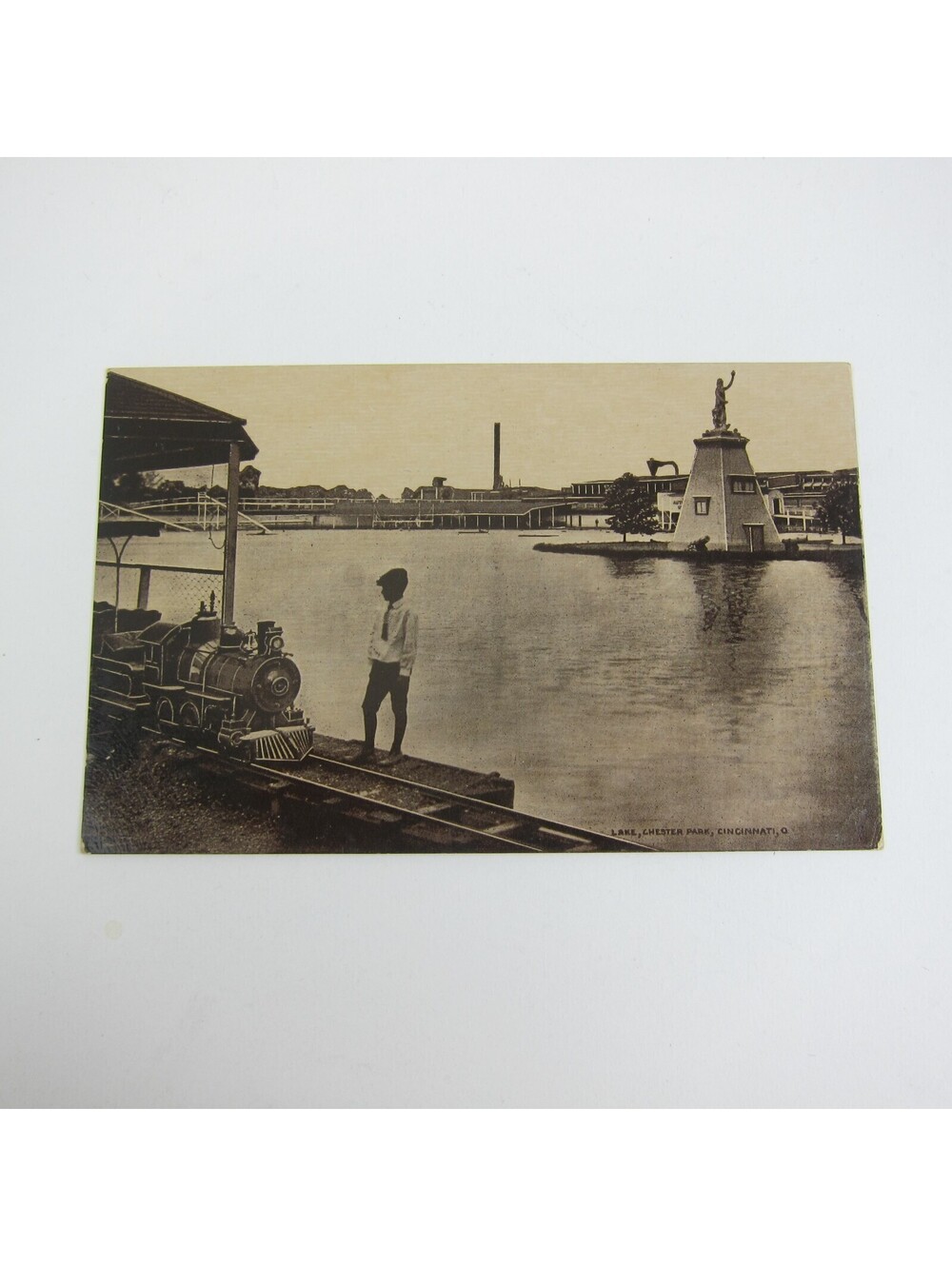 Postcard Cincinnati Ohio Chester Park Lake Miniature Train Photo Antique Litho